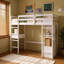 Lit mezzanine double avec bureau intégré, tiroirs et tablettes de rangement, lit station de travail en bois massif pour enfants, adolescents et adultes, blanc