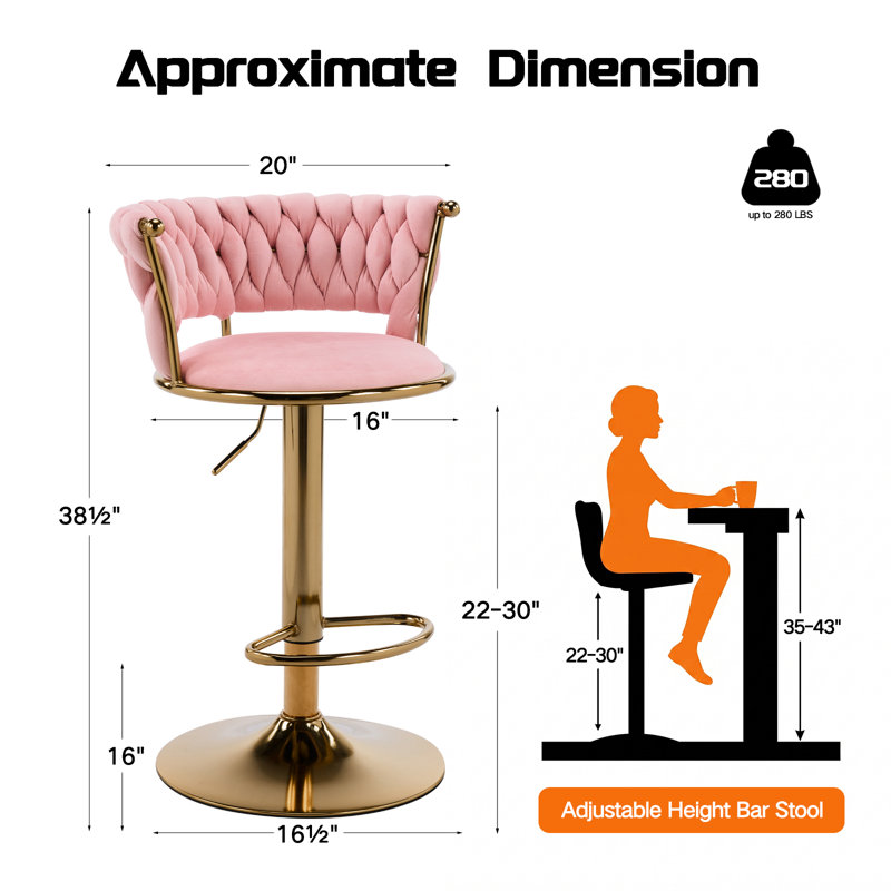  Pink Velvet Swivel Bar Stools Set of 2, Modern Adjustable Height Barstools with Golden Metal Base for Kitchen Island, Pink
