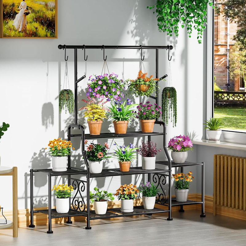 Support pour plante d'intérieur et d'extérieur en métal robuste, support noir antirouille avec crochets et pieds réglables pour plantes multiples
