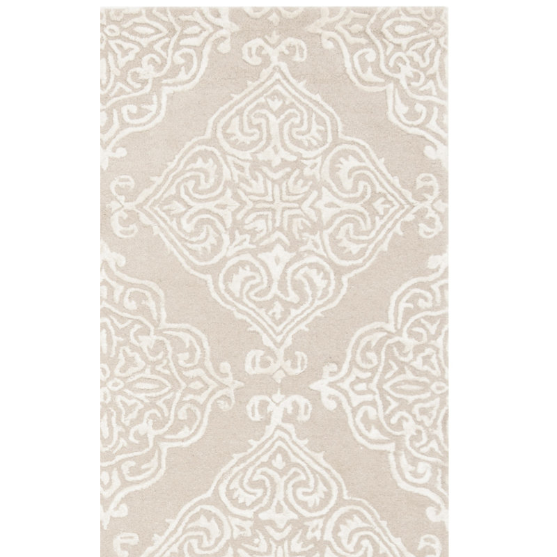 Tapis damassé en viscose / laine beige touffeté à la main Bernon, Rectangulaire 2 pi x 3 pi