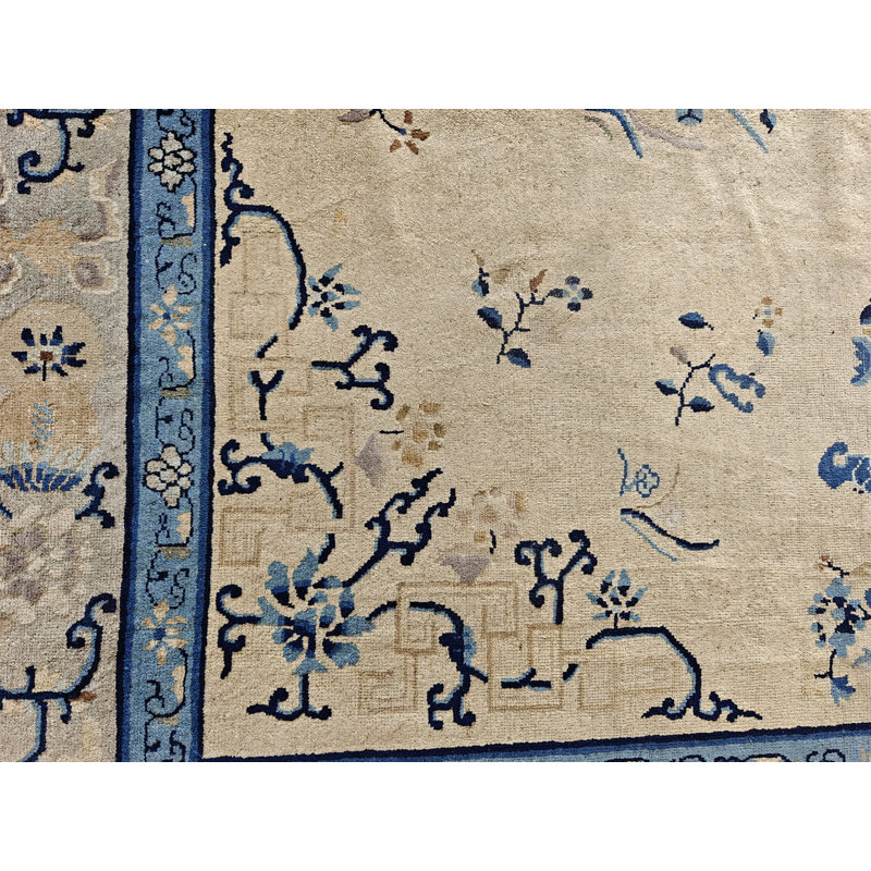 Ivory Beige Cream White Wool Rectangle Hand Knotted Pile Antique 1920s Floral Medallion Rug