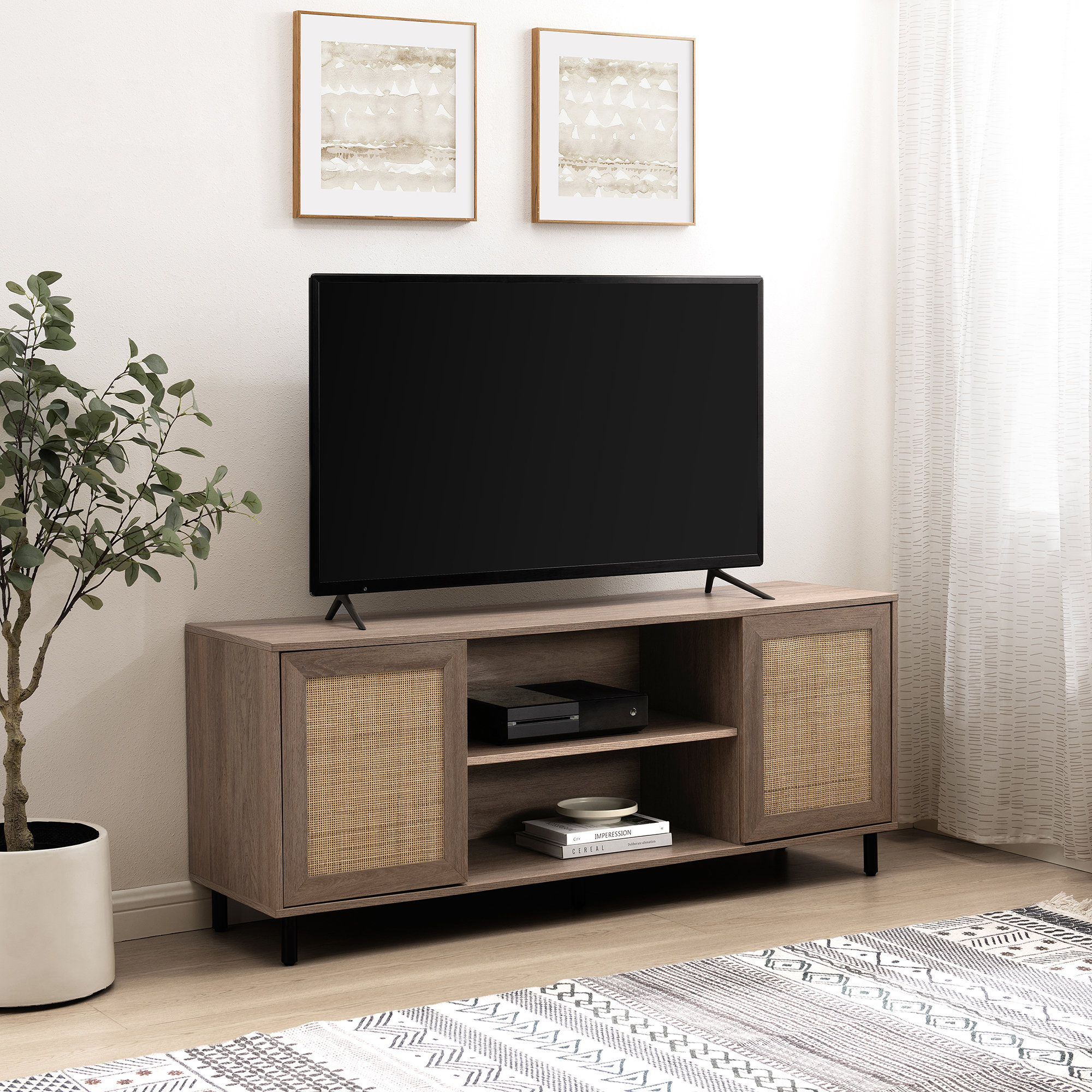 Linets Natural Rattan TV Console TV Stand for 65+ inch TV, 25 Tall Highboy Entertainment Center Bay Isle Home Color: Oak