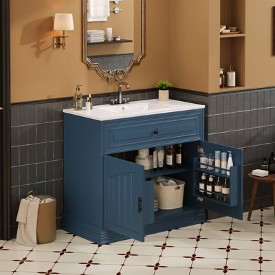 Meuble-lavabo luxueux 36 po avec lavabo en céramique, meuble-lavabo avec 2 grandes portes à fermeture douce