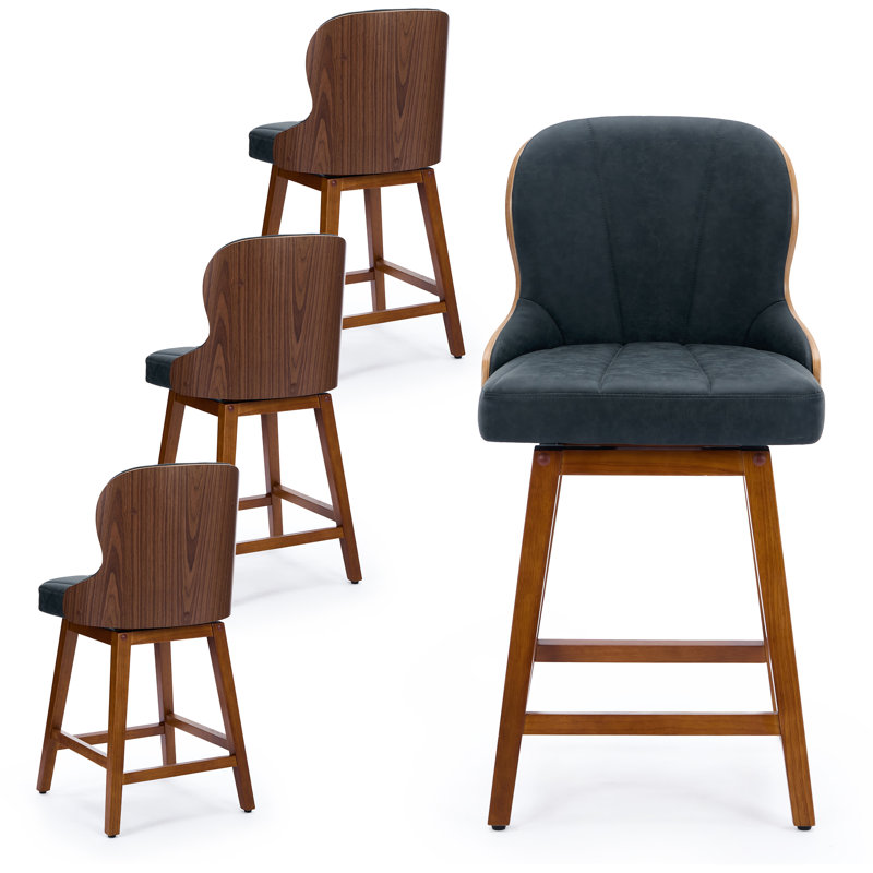 Swivel Bar Stools Set of 4 Mid Century Modern Faux Leather Upholstered Counter Height Barstools,Kitchen Island Wooden Bar Chairs,25-Inch Armless Counter Stools with Wood Back and Legs
