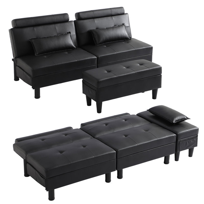 Convertible Futon Sofa Bed With Storage Ottoman/coffee Table, Multifunctional Folding Futon Set, Tufted Loveseat Sleeper Couch For Small Space, Bedroom, Apartment, Dorm (black)