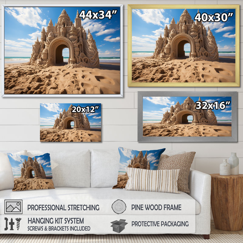 «Beach Dune Caslte I», reproduction sur toile, Cadre flottant doré, H 12 po x l 20 po x P 1 po