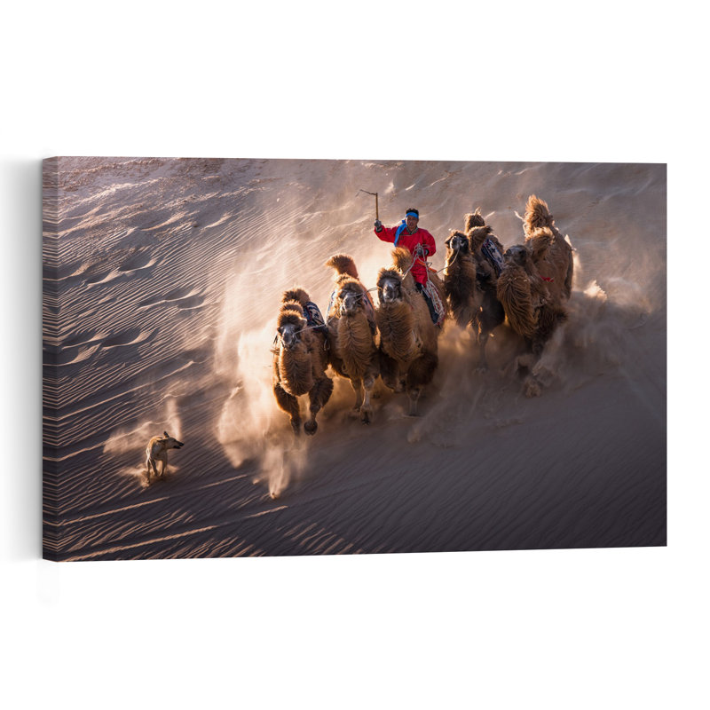 " Desert Camels Charging Abstract Contemporary Dog Landscape Nature Wall Art Print " Print, 24" H x 36" W