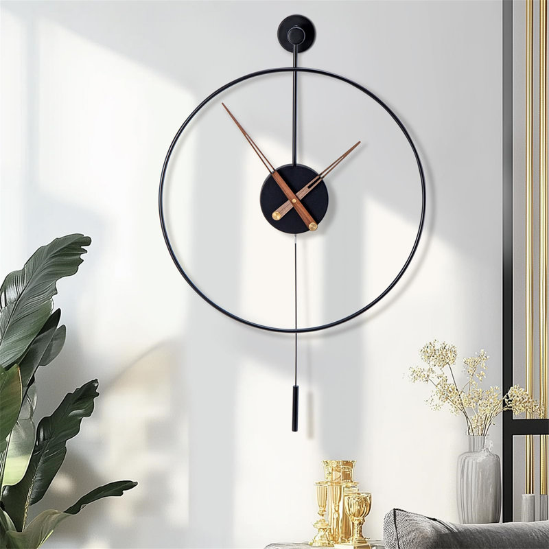 Large Wall Clock Classical Decorative 24In/60Cm With Pendulum Modern Non-Ticking Silent, Black