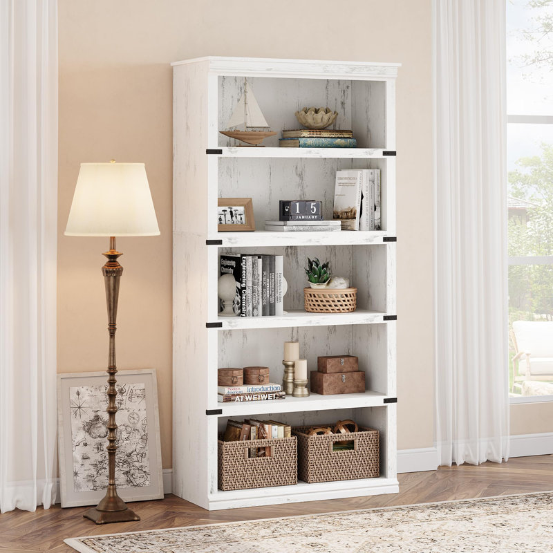 5 Tier Farmhouse Bookcase, 67.4" Tall Book Shelf with Storage, Wooden Bookshelves 5 Shelf Display Shelves, White