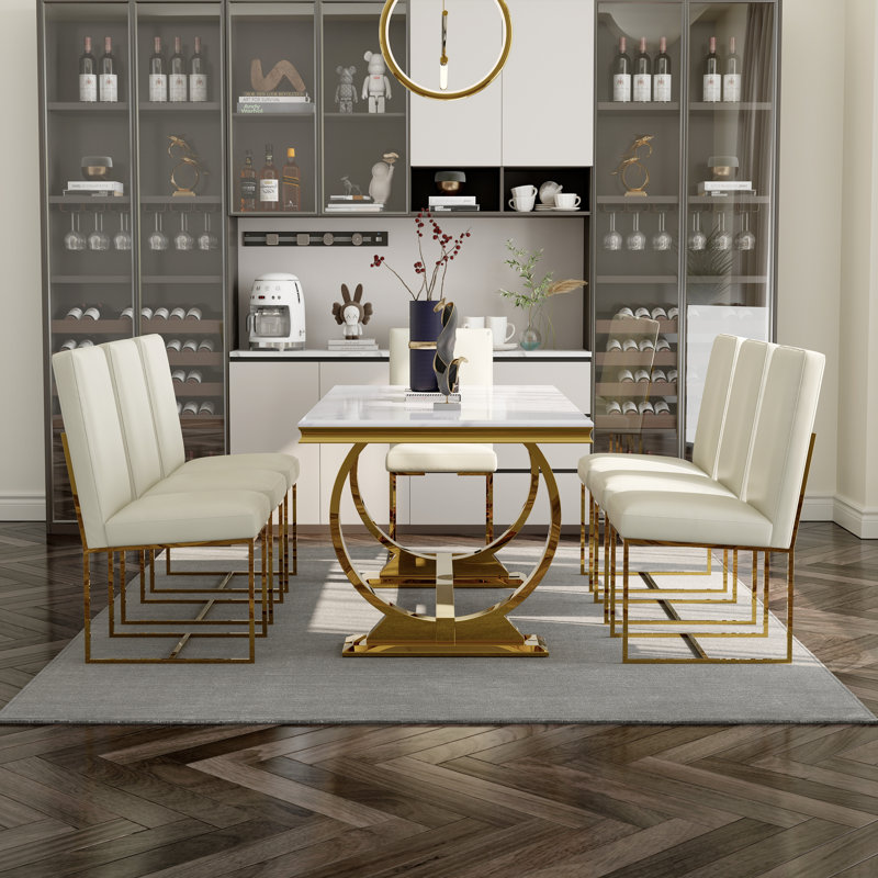 Ensemble de 6 chaises de luxe en cuir blanc avec pieds en métal doré