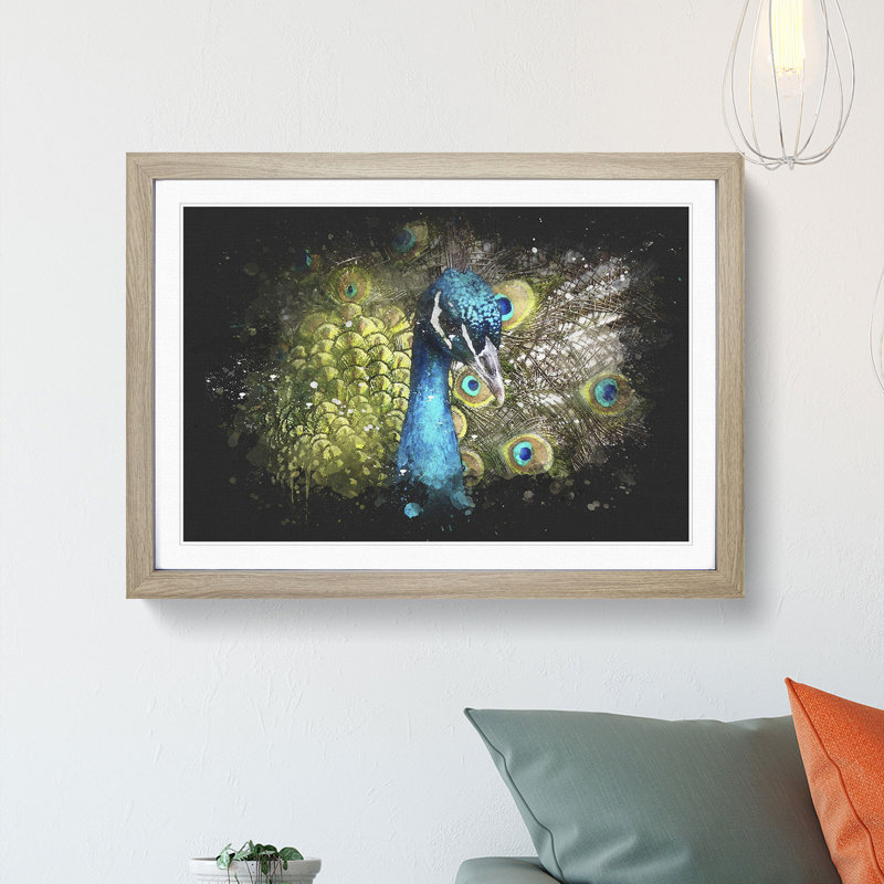 Dazzling Peacock Bird Paint Splash - Picture Frame Graphic Art, Oak Framed, 24cm H x 33cm W x 2cm D