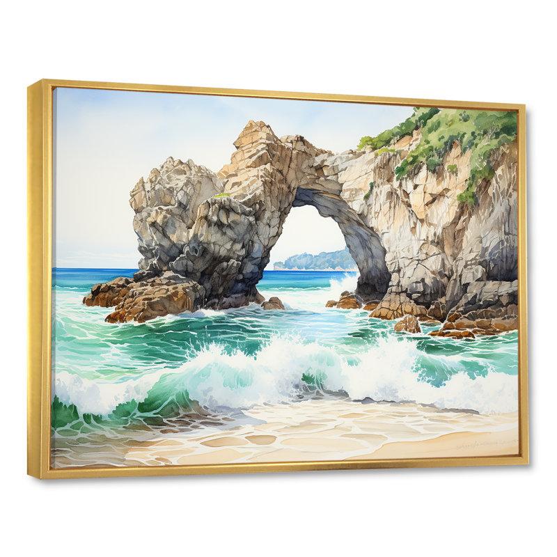 Coastal Rock Arch Beach 1 - Vagues côtières, art mural, Cadre flottant doré, H 34 po x l 44 po x P 1,5 po