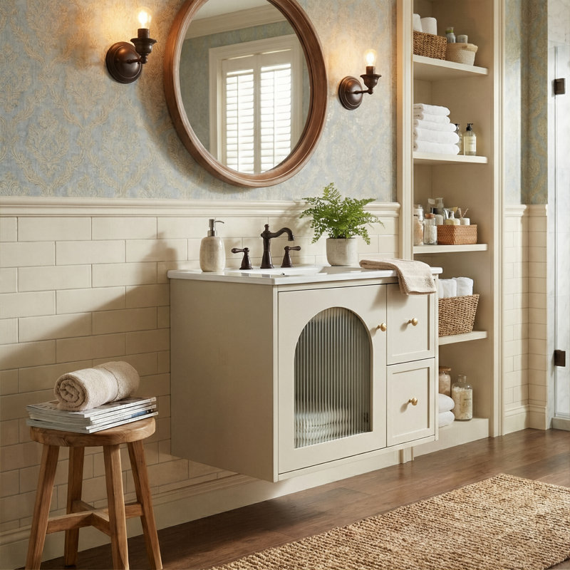 24" Modern Floating Bathroom Vanity With Arched Glass Door, Wall-Mounted Cabinet With Ceramic Sink & 2 Drawers (White / Black / Beige)