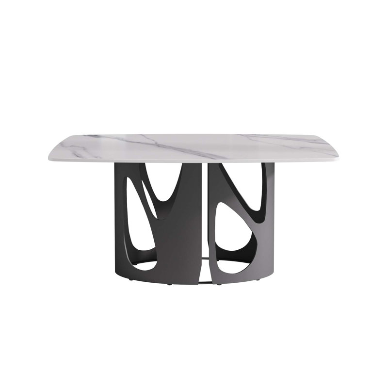 Table de salle à manger rectangulaire contemporaine en pierre artificielle avec pieds en fer noir, Blanc