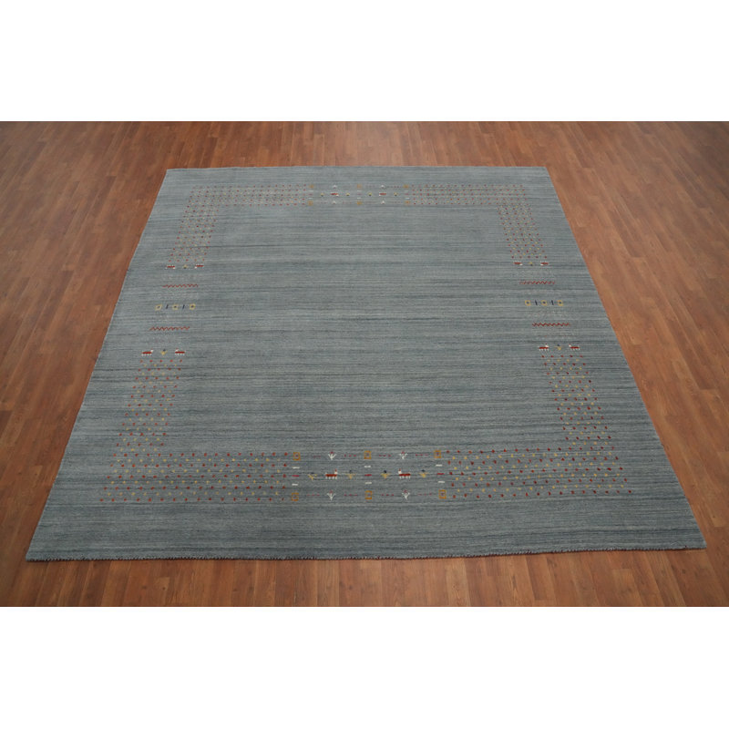 Tapis gris élégant de style Gabbeh 9 x 9 avec des éléments de design minimalistes