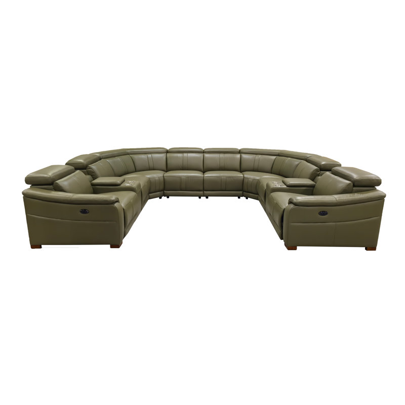 Mietoon Leather Match Large Seating Power Recliner Sectional, Olive Leather Match