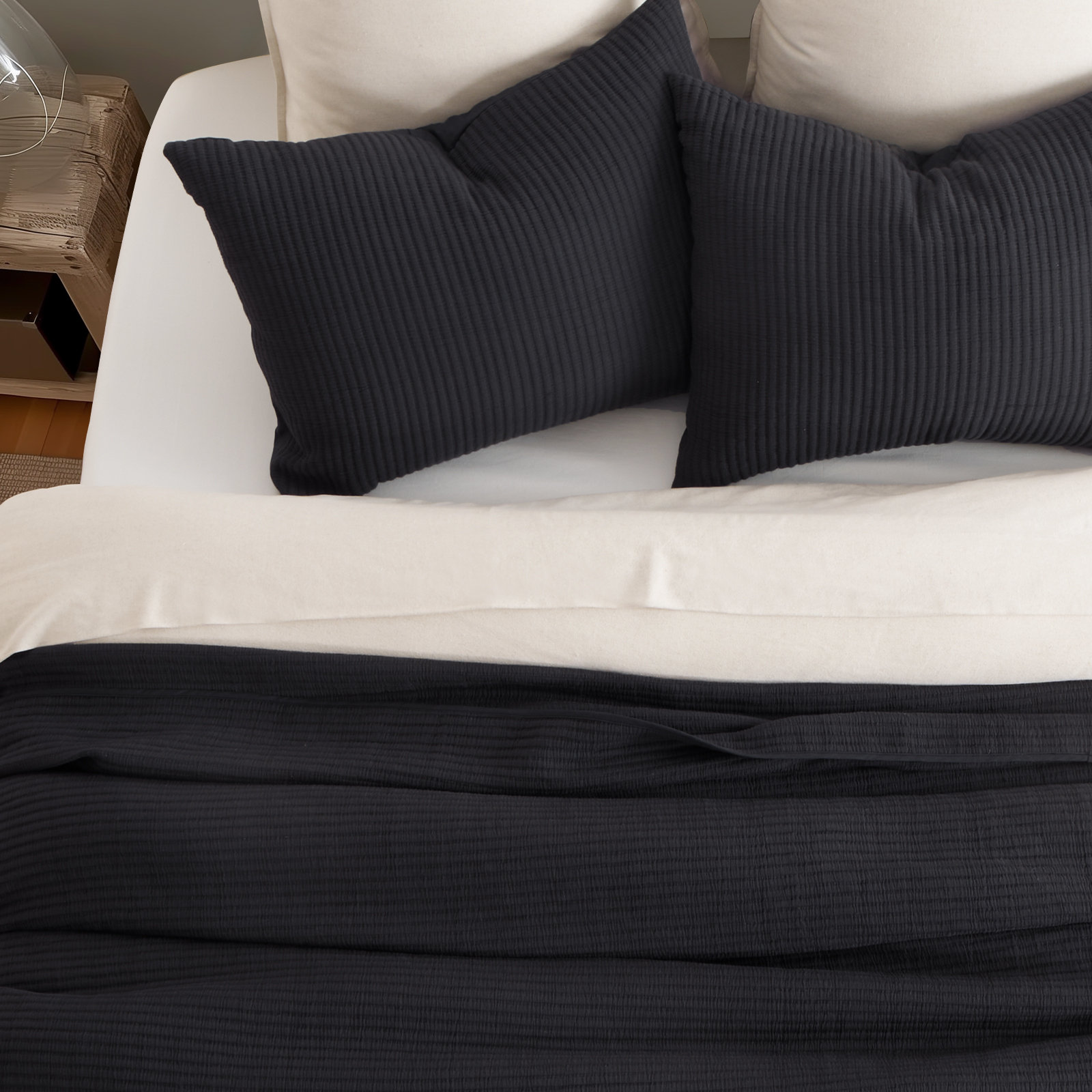Ribbed Cotton Coverlet Set, Queen Quilt + 2 Queen Shams, Washed Black