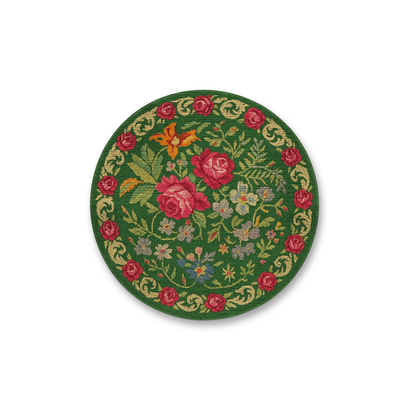 Tapis vert tissé à motif floral lavable Mosso, 4'11" x 4'11"