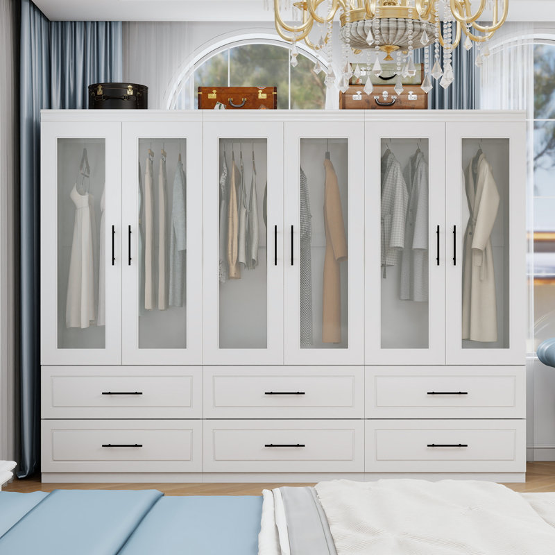Armoire-penderie 6 portes en bois manufacturé massif avec tiroirs, blanc