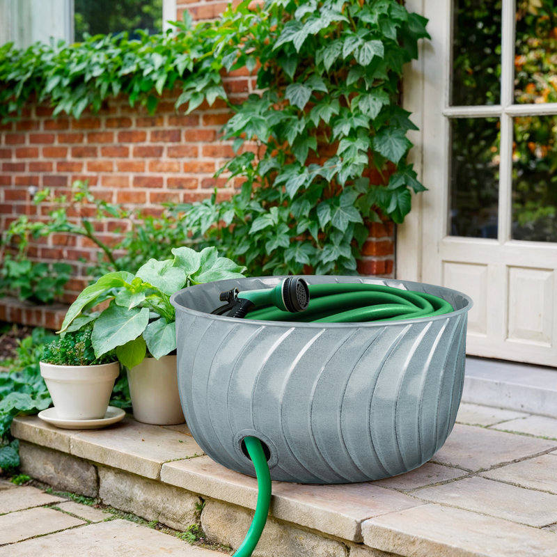 Handcrafted Wave Embossed Metal Garden Hose Holder Pot with Lid, Teal, Teal
