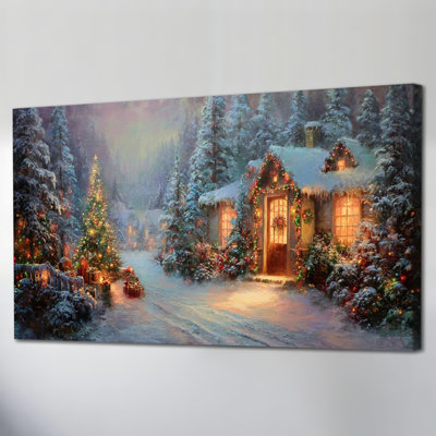 Grand Abhirami - chalet d'hiver et arbre de Noël, peinture, affiche de toile imprimée pour la maison de campagne, salon, chambre à coucher, décoration murale de Noël prête à être suspendue, 24 po x 48 po