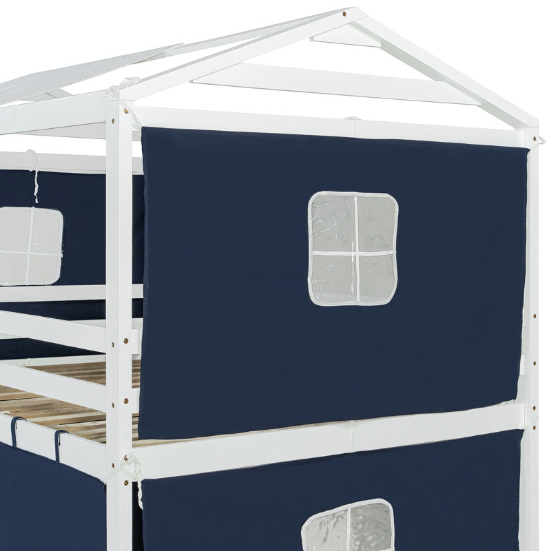 Lit superposé en bois avec tente, Bleu, Lit double