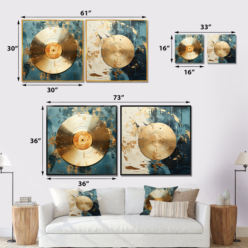 Disque vinyle doré et vert Melody I - Ensemble de 2 impressions sur toile, Encadrement doré, H 16 po x l 33 po x P 1 po