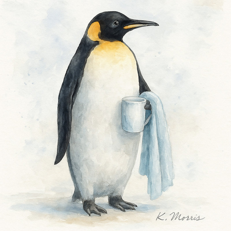 «Penguin Morning», art sur toile pour salle de bain café et serviette, H 20 po x l 20 po