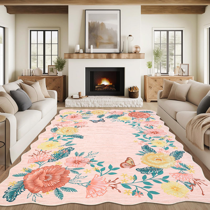 Floral Area Rug – Modern Washable Non-Slip Carpet for Living Room, Bedroom, Dining, Nursery, Office – Soft, Mark Resistant, Low-Pile, Scalloped Farmhouse Accent Decor (Black, Pink, Yellow)