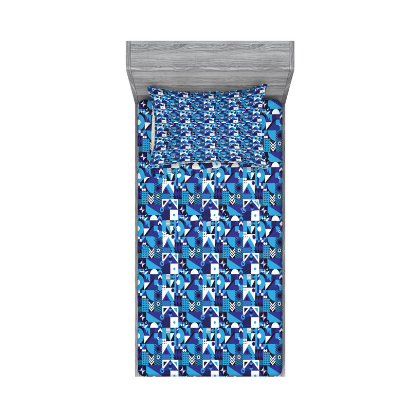 Microfiber Sheet Set, Twin XL Sheet Set with 1 Pillowcase, Blue/White Geometric