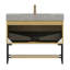 Meuble-lavabo de salle de bain 36 po YOLAN, armoire de rangement autoportante en contreplaqué rayé avec tiroir et tablette ouverte, plateau en pierre frittée gris clair et lavabo en céramique encastré, pré-assemblé, couleur grain de bois de chêne Corolla-258936876