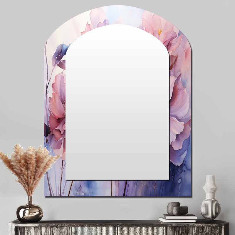 «Purple Tranquil Petals I» - miroir décoratif asymétrique Botanicals, grand miroir mural moderne, impression sur métal