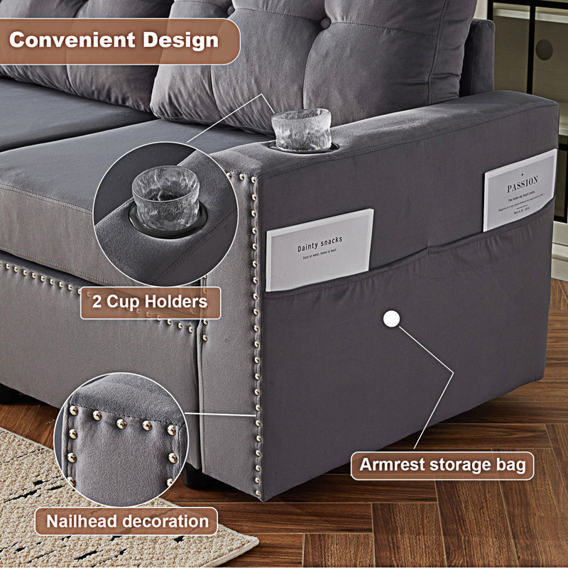 Canapé modulaire avec rangement, canapé-lit dans le salon, Velours gris velours