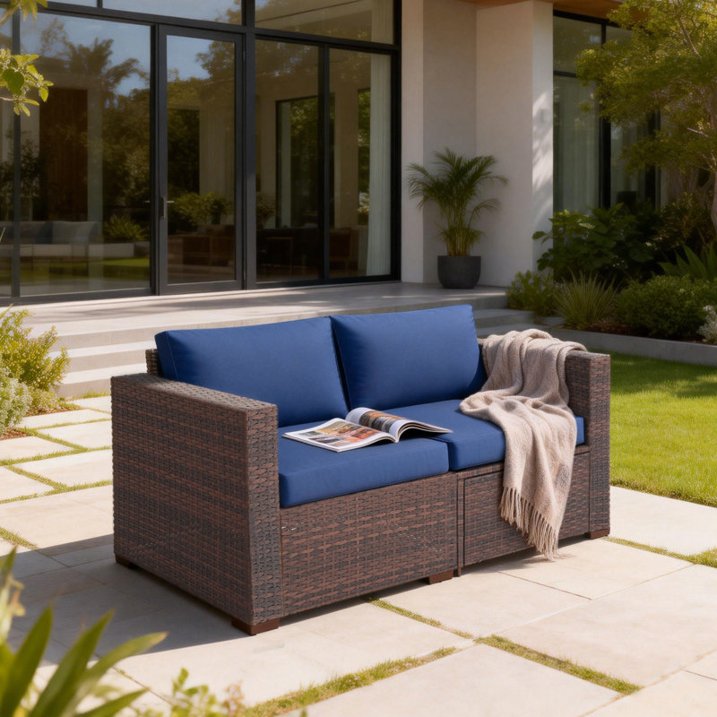 2 - Person Patio Conversation Sets With Cushions, Navy Cushion/Brown Frame