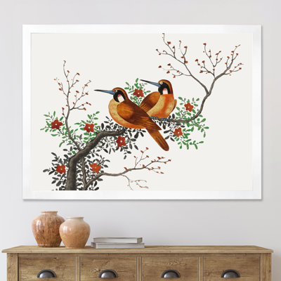 Deux oiseaux chinois sur une branche d'arbre en fleurs - peinture sur toile