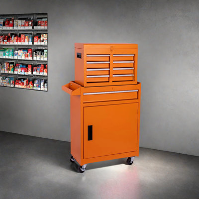 Coffre à outils, armoire de rangement à outils à 5 tiroirs avec coffre à outils amovible, doublure, roues verrouillables universelles, tablette réglable, mécanisme de verrouillage, chariot à outils en métal pour atelier de garage