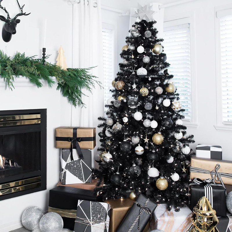 Arbre de Noël artificiel 6 pi Halloween, sapin de Noël à charnières de qualité supérieure pour la maison, le bureau, la décoration de fête avec 1000 branches, assemblage facile, charnières en métal et base pliable, noir