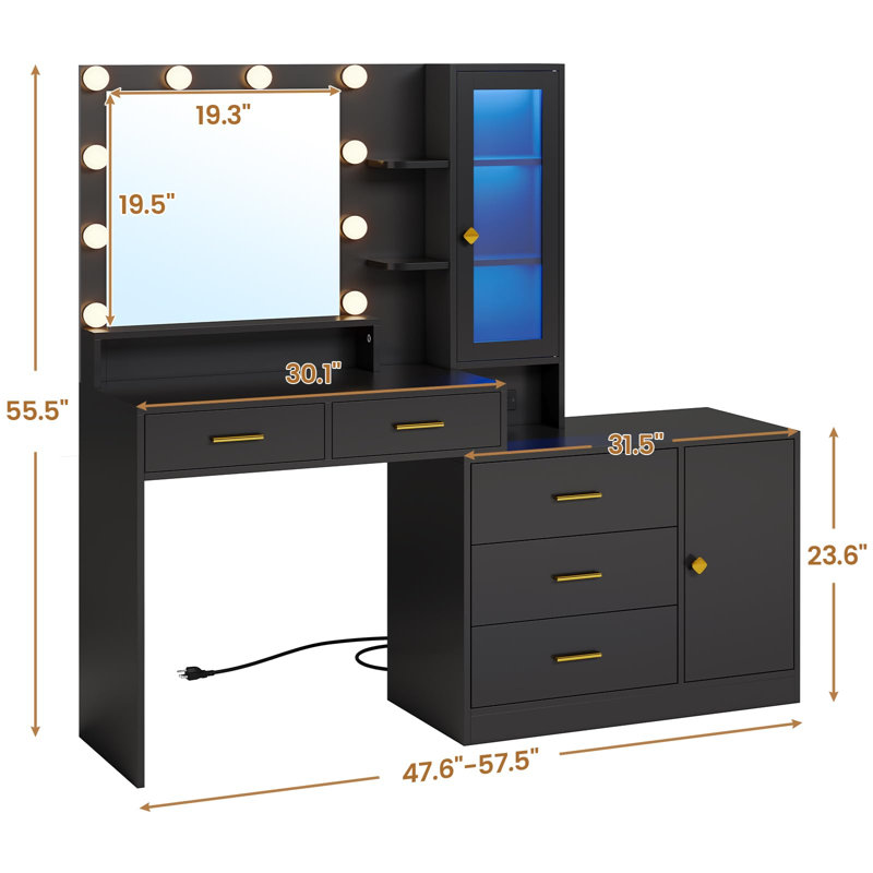 Coiffeuse avec lumières Caryol, Noir