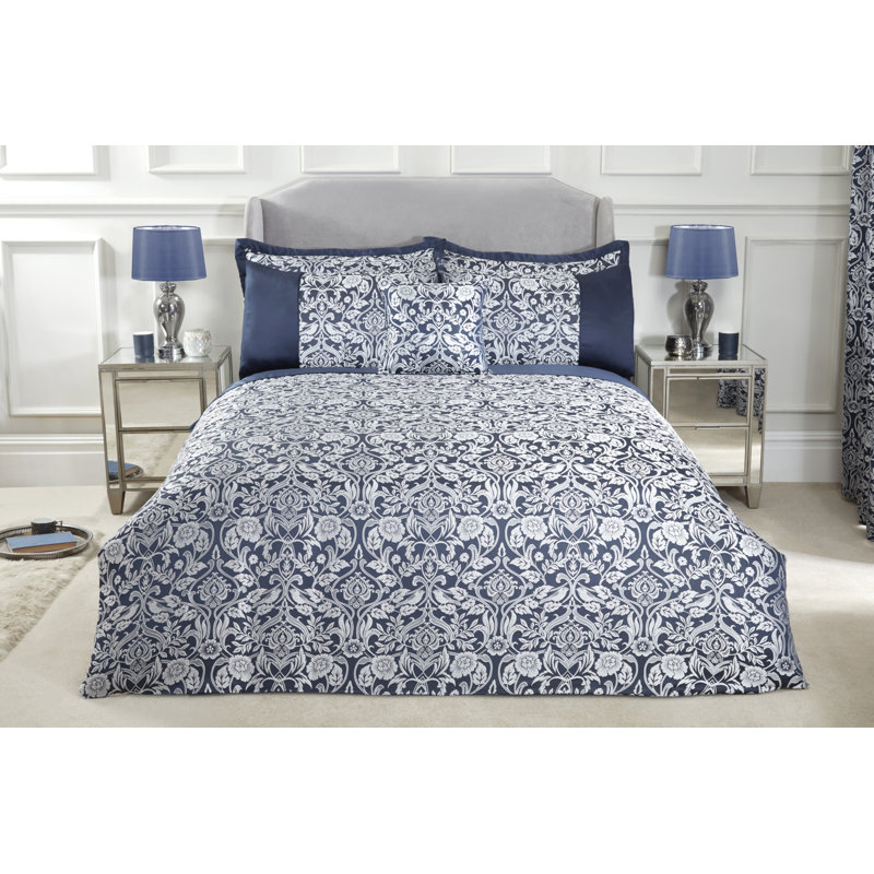Eden Satin Floral Duvet Cover with Pillowcases Included, Double, Navy