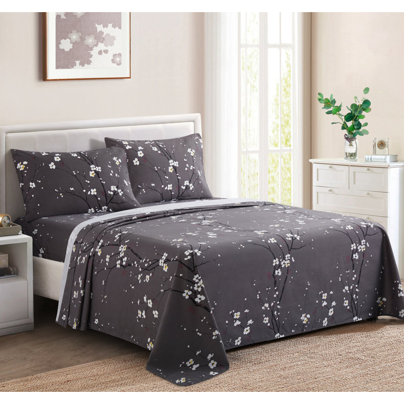 Ensemble de draps en coton imprimé à motif de percale toutes saisons 4 pièces Marina, Très grand