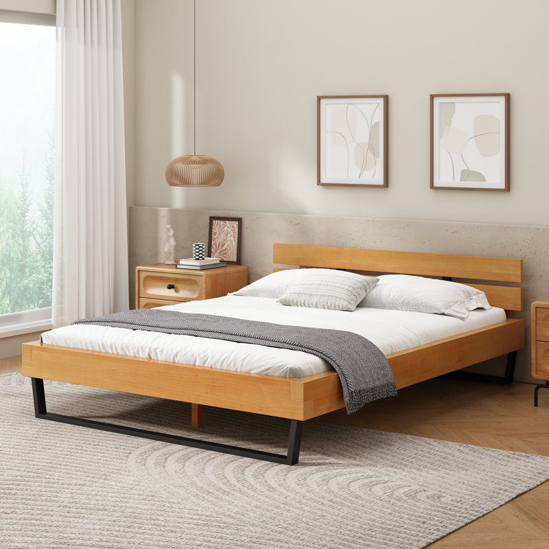 Cadre de lit en bois de pin, taille grand, couleur naturelle et noire, Grand lit
