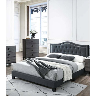 European Design Full Size Bed With Button Tufted Headboard And Charcoal Finish For Elegant Bedrooms