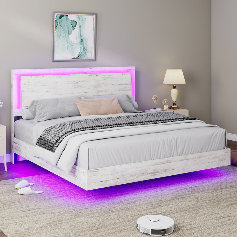 Keynen Farmhouse Floating Bed Frame with LED Light and Headboard, White, Queen