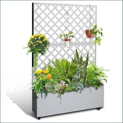 Boîte à fleurs en métal avec treillis, jardin surélevé de 70,87 po x 46,46 po x 11,81 po avec treillis et roues, jardinière extérieure avec moustiquaire et trous de drainage pour plantes grimpantes