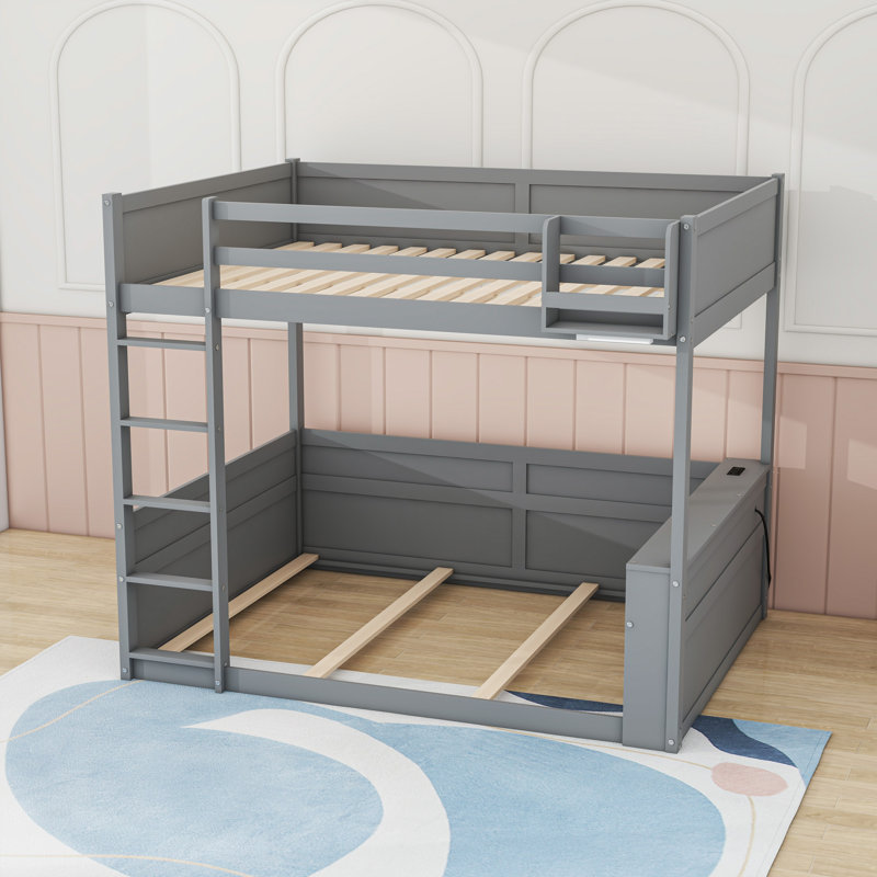 Queen Over Queen Wooden Bunk Bed With LED Light, Storage Shelves And USB Charging Station, Gray