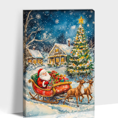 Grand décor Abiella: scène de rennes du traîneau du Père Noël, arbre des Fêtes, peinture de chalet confortable, impressions d'art pour le salon, art mural de vacances de 24 po x 32 po