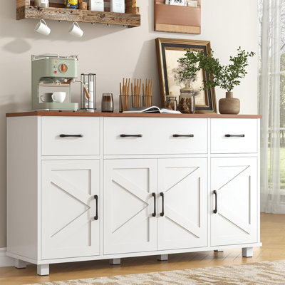 Buffet 55,1 po avec rangement, armoire à café avec 3 tiroirs et 4 portes de grange, tablettes réglables