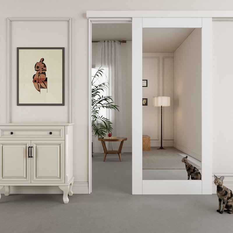 80" Hidden Style Track White Primed 1-Lite Glass Mirrored Sliding Barn Door With Hardware Kit(No Assembly Required), Standard