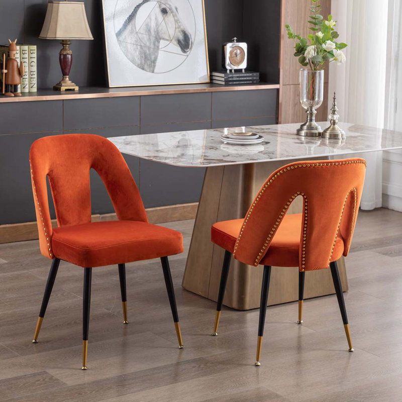 Ensemble de chaises de salle à manger rembourrées en velours avec dossier rembourré, pieds en métal, Orange