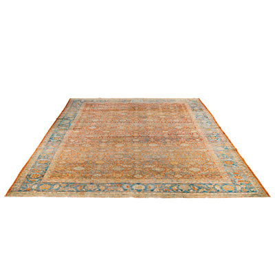 Tapis unique en laine rouille / bleu 10 pi 4 po x 13 pi 5 po années 1990